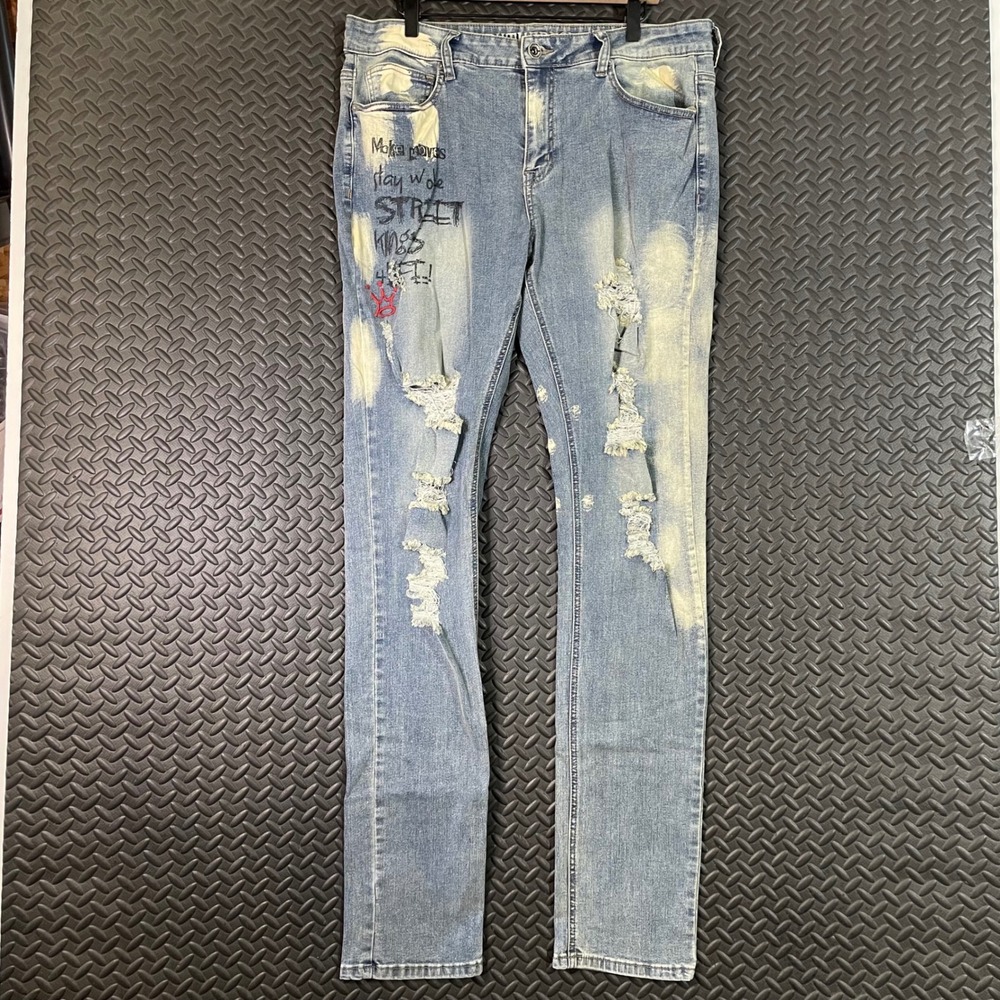 Rutherford‎ Street King Blue White Distressed Stacked Skinny Fit Denim Jeans 34